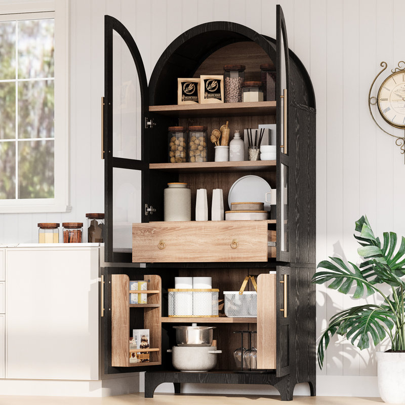 Rangement de cuisine arqué 71 pouces avec 4 portes, 2 tablettes réglables, un tiroir caché et une charnière à fermeture en douceur, une armoire de 71 po de hauteur à grain de bois noir pour la salle à manger, avec des anneaux en métal