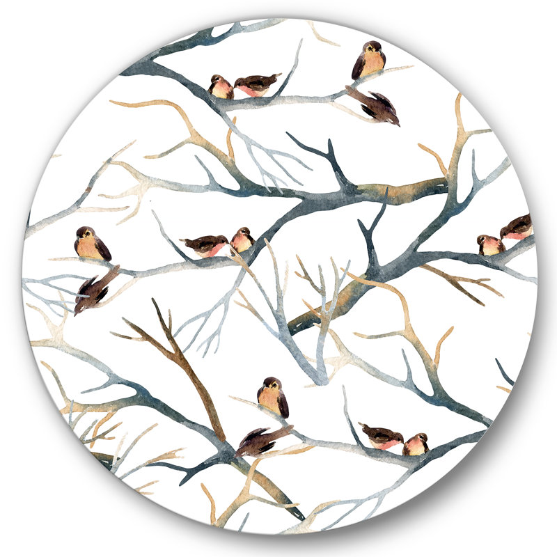 Petits oiseaux sur les branches d'arbre I - Art mural traditionnel en cercle en métal, H 11 po x l 11 po x p 1 po