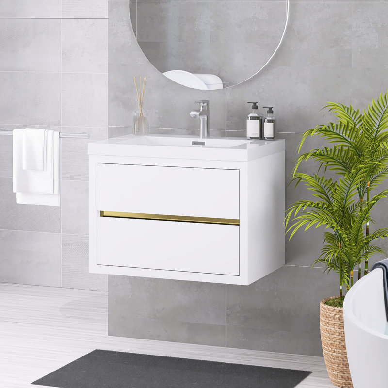 Ensemble de meuble-lavabo simple mural moderne 30 po avec lavabo en résine, 30", Blanc lustré
