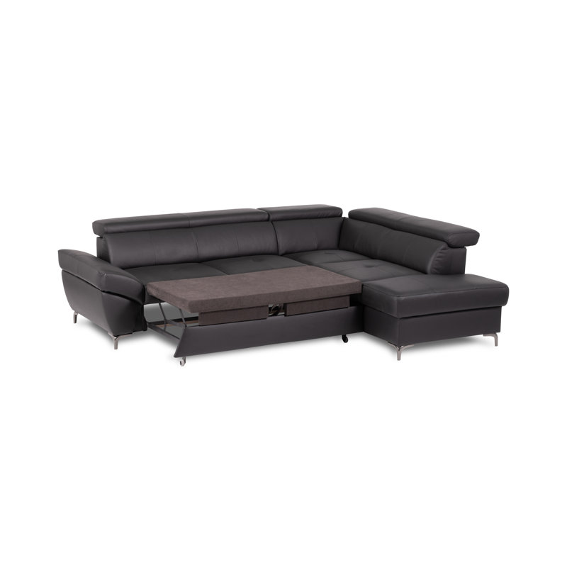 CAPRI Genuine Leather Corner Sofa with Pull-Out Bed and Storage and Adjustable Headrests, Right Hand Facing, Black