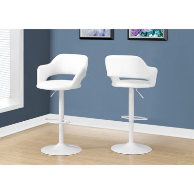 Adjustable Bar Height Stool, White Metal Leather Look, Contemporary Design, 25 To 30 Inch Lift, Home Counter Chair Modern Swivel And Adjustable, Look Seat