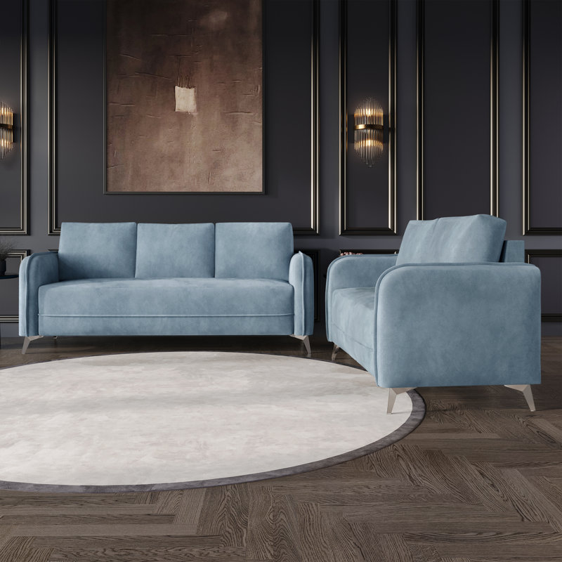 Ensemble de salon 2 pièces rembourré moderne, Bleu clair