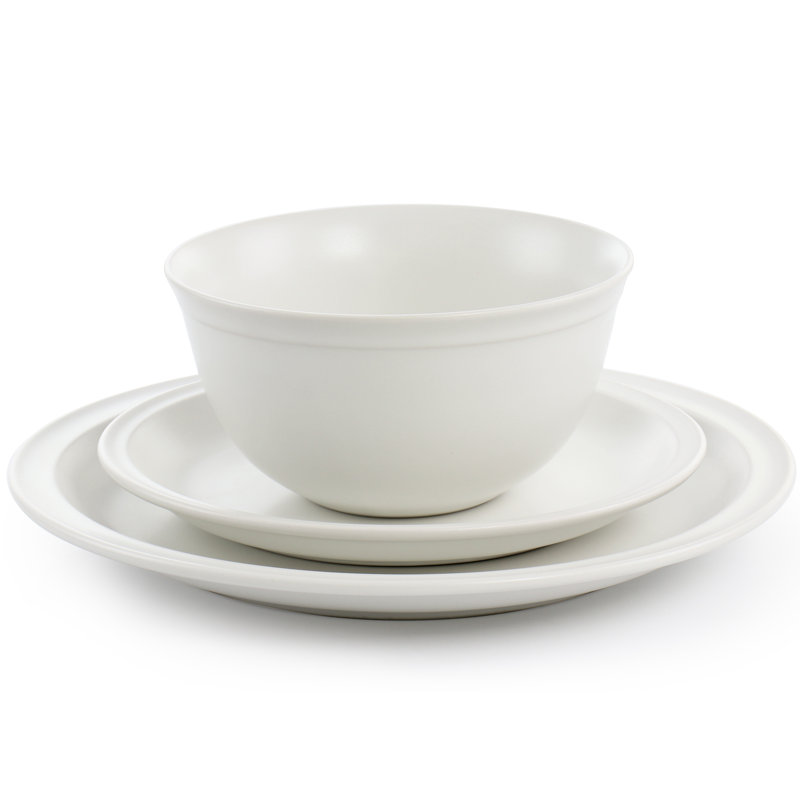 Service de table rond 12 pièces en grès gris chaud, Blanc