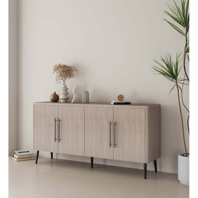 Jodie 65" Mid-Century Modern Sideboard with 8 Adjustable Shelves, White Washed Oak