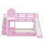 Lit superposé double de style château, lit superposé en bois avec 2 tiroirs et 3 tablettes, cadre de lit avec glissière et escalier de rangement-981346577