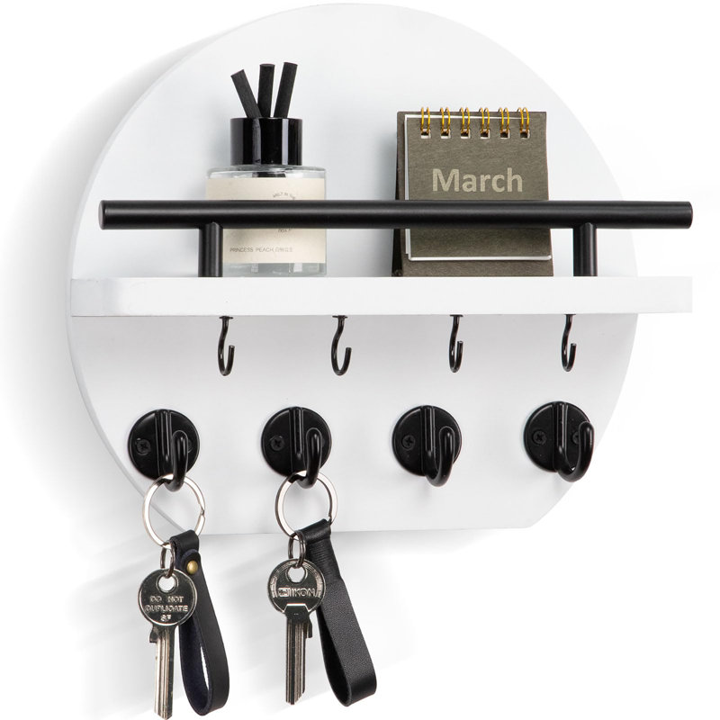 Manufactured Wood Wall Organizer with Key Hooks, White