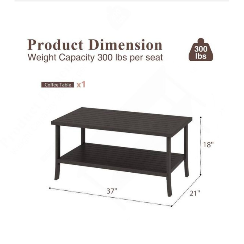 37" X 21 Brown ” Rectangular Metal Outdoor Coffee Table, 2-Tier All-Weather Patio Coffee Table