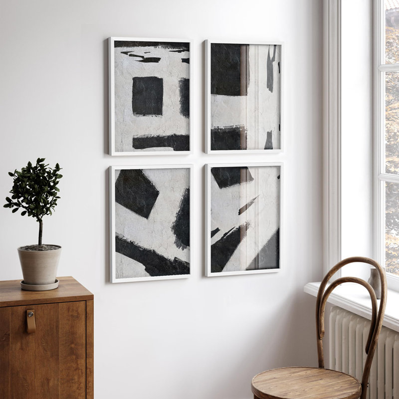 "Abstrait noir et blanc, coups de pinceau, décor moderne", 4 pièces, Blanc, H 16 po x l 12 po