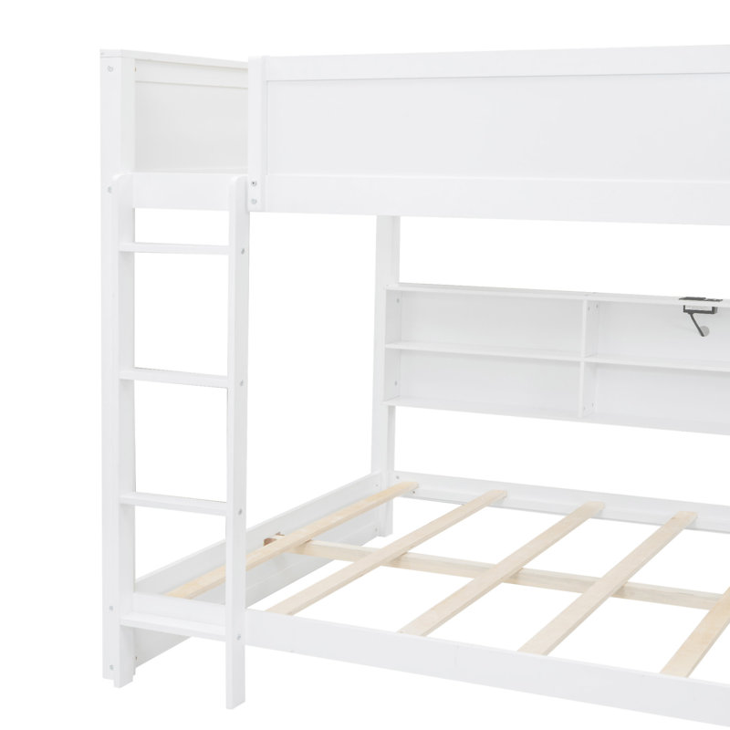 Lit superposé avec armoires de rangement et ports USB, Blanc