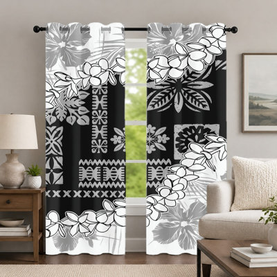 2Pcs White Floral Pattern Curtains, Tribal Style Geometric Print Curtain, Modern Decorative Botanical Elements Grommet Drapes, Window Treatment for Bedroom Living Room Decor