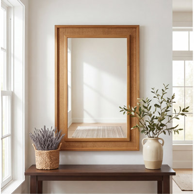 Miroir mural jaune-brun en rotin de 24 po x 36 po avec cadre en bois massif - Décor de ferme pour salle de bain, vestibule, salon