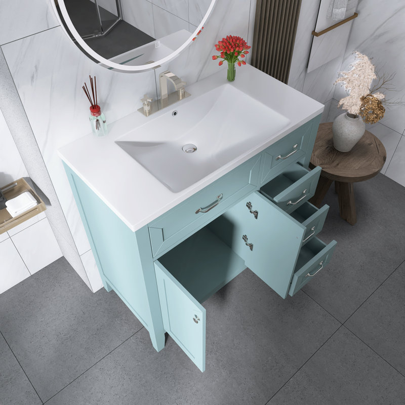 36''Freestanding Bathroom Vanity With Ceramic Sink, Green/Silver