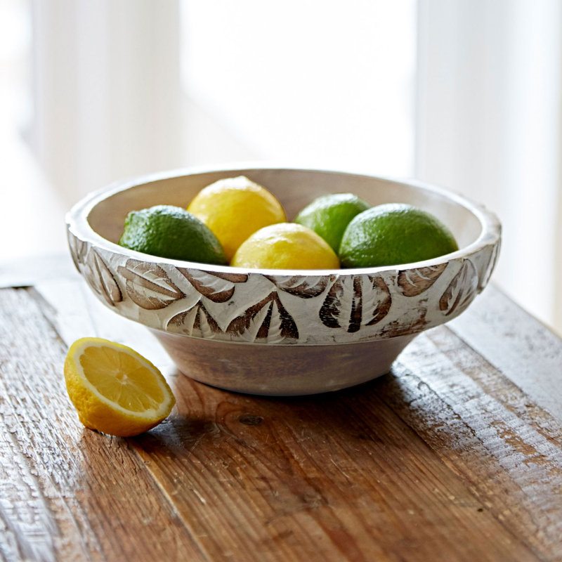 Antique White Leaf Design Mango Wood Bowl