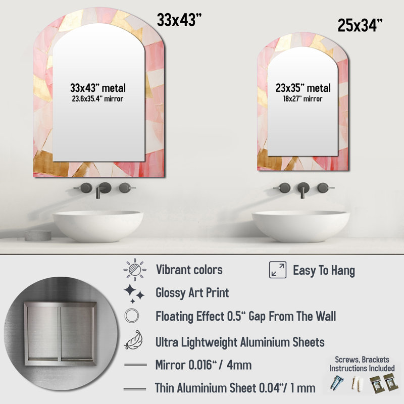 Pink And Gold Tessellations I - Abstract Shapes Arch Wall Mirror, Gold Asymmetrical Decorative Mirror, Printed Metal Art