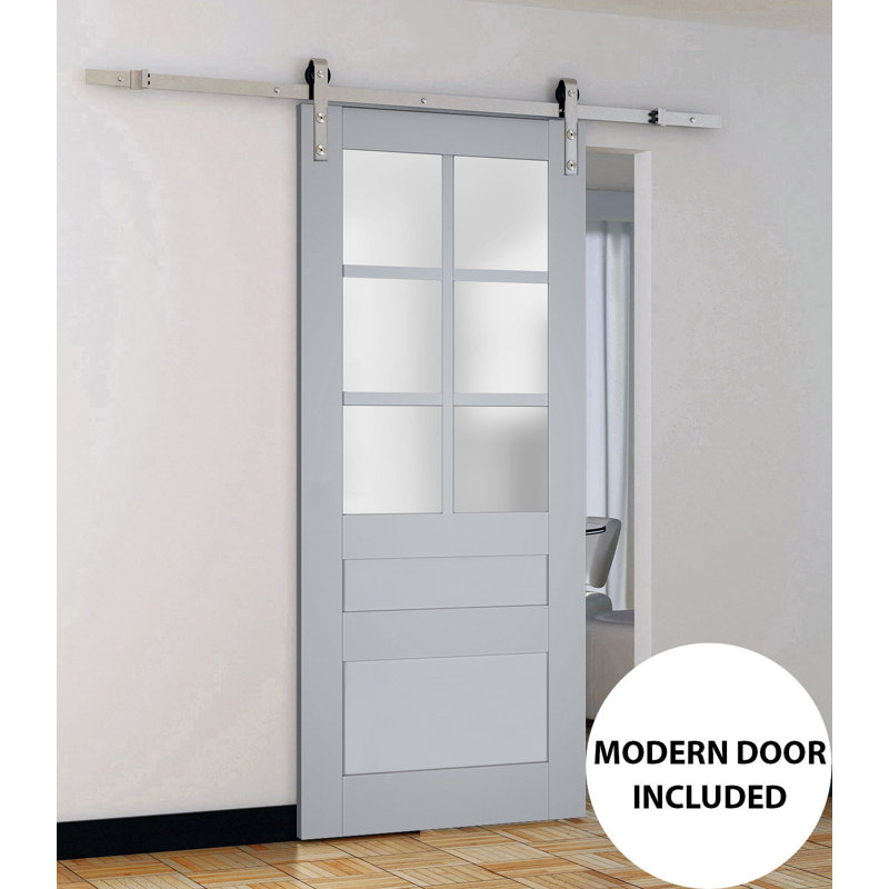 Porte de grange robuste en verre dépoli Veregio 7339 Gris mat, rail de 2 m (6,6 pi), quincaillerie robuste, porte intérieure à panneau plein - 45,7 cm x 243,8 cm (18 po x 96 po) - Rail argenté