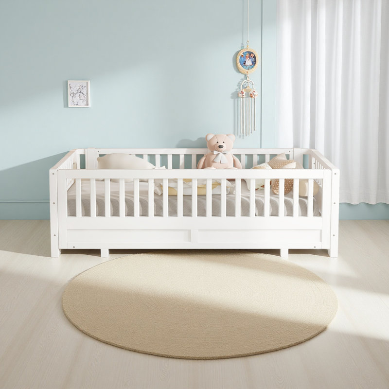 Lit plateforme avec garde-corps, cadre de lit en bois massif, peut être converti en lit plateforme,, Lit simple, Blanc