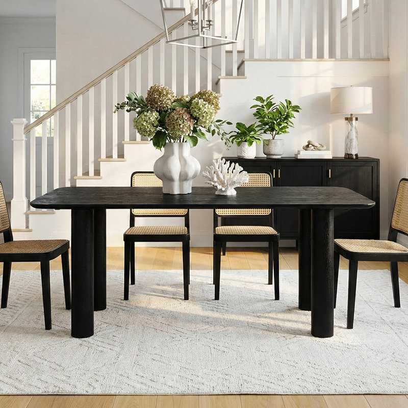 67" Rectangular Solid Oak Wood Pillar Leg Dining Table For 6, Black