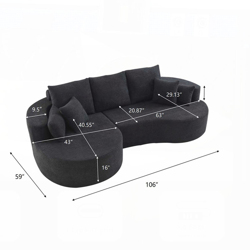 Canapé modulaire courbé en tissu 106 pièces 2 pièces 106 ", CHAISE LUNGE, Noir