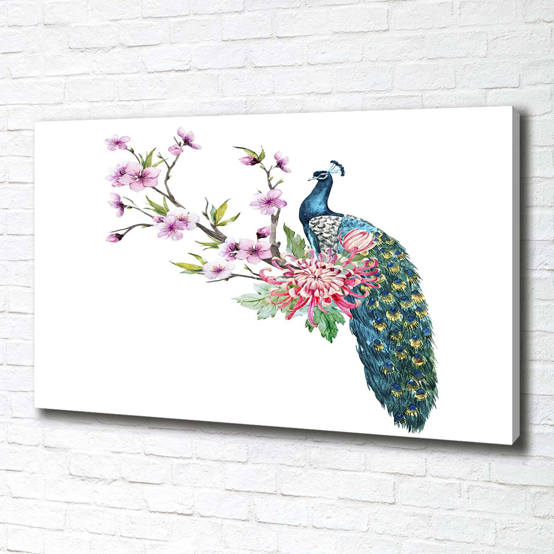 Pfau und Blumen - Ungerahmte Kunstdrucke auf Leinwand