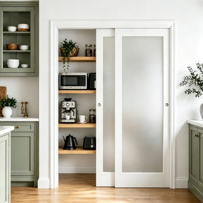 Porte coulissante avec cadre blanc en verre givré blanc 1 Lite pour porte de garde-robe, garde-manger et buanderie