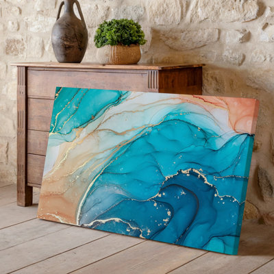 Toile, création d'une œuvre d'art abstraite vibrante mettant en vedette des motifs marbrés fluides dans un art mural nuances de turquoise bleu profond pêche et toile