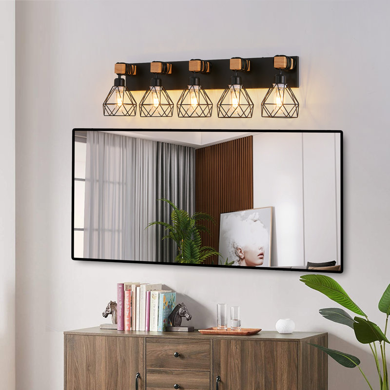 Éclairage géométrique en cage, fer et bois, industriel moderne, parfait pour la salle de bain, la chambre à coucher et le salon