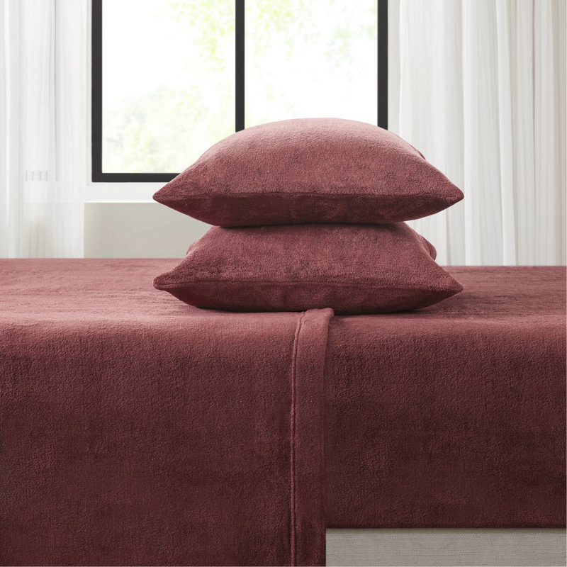 Drap-housse pour grand lit 4 pièces bourgogne, 100% velours, avec drap plat, 2 taies d'oreiller ajustées, élastique pour matelas de 16 po, couleur douce et douillette, brossé des deux côtés