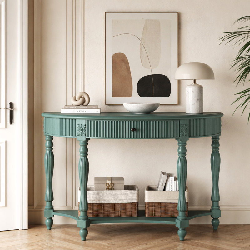 Console demi-lune avec tiroir et tablette, Antique Green