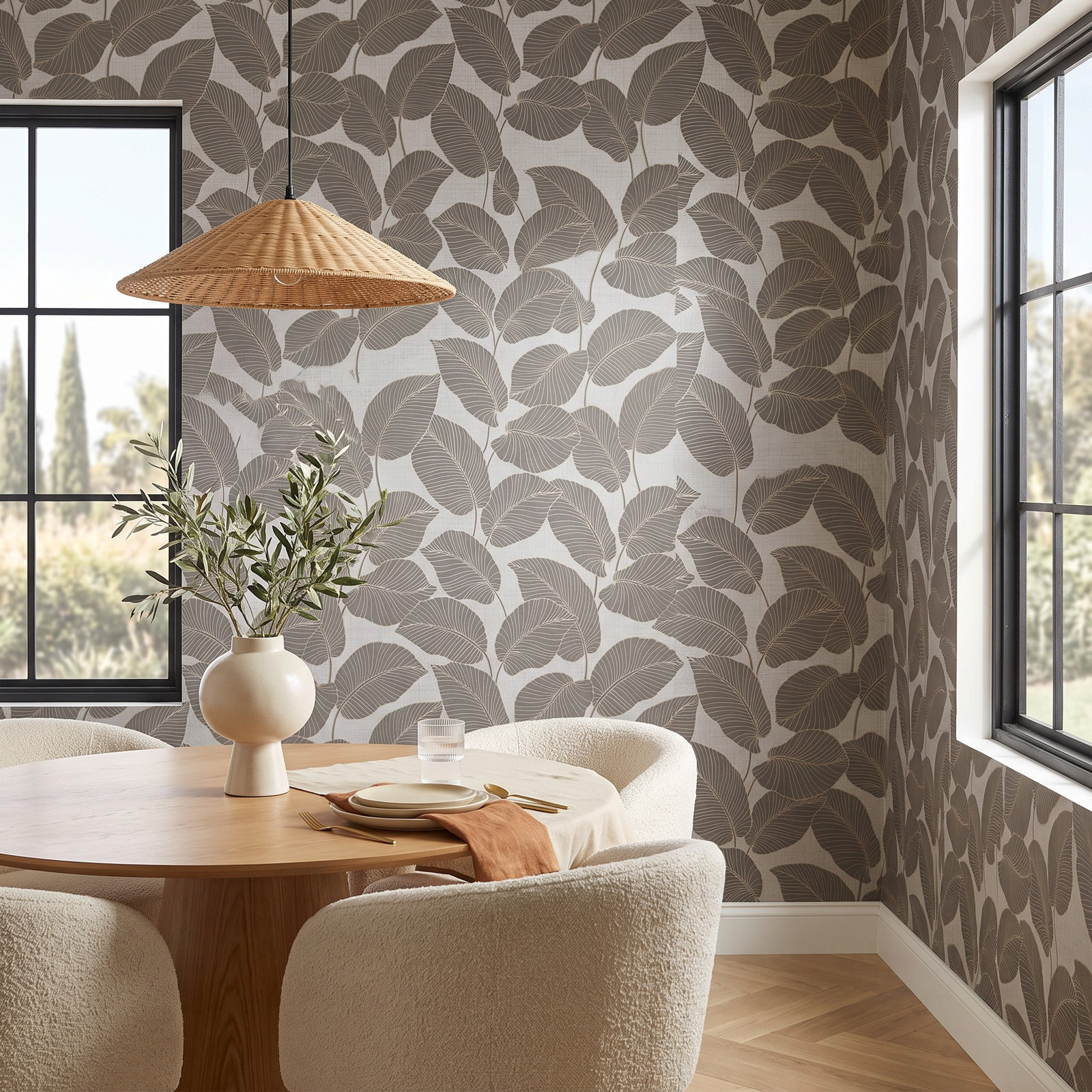 Omena Modern Leaves Wallpaper, Gray