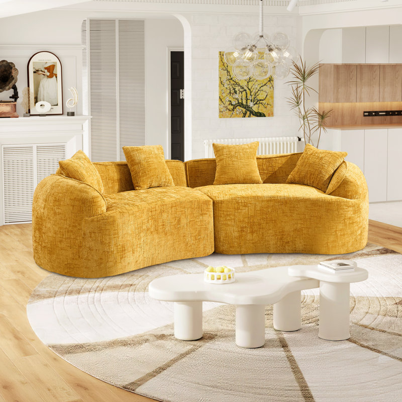Compression Packed 2-Piece Curved Compressed Sectional Sofa, Symmetrical Modular Design, Yellow Chenille
