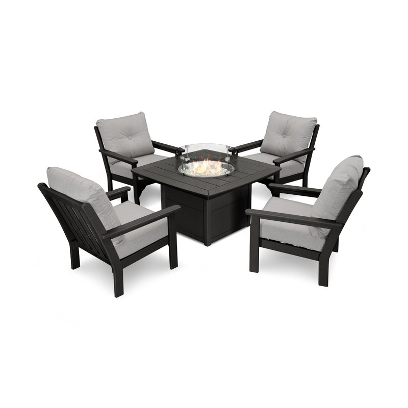 Vineyard 5-Piece Conversation Set with Fire Pit Table, Black, Canvas Granite