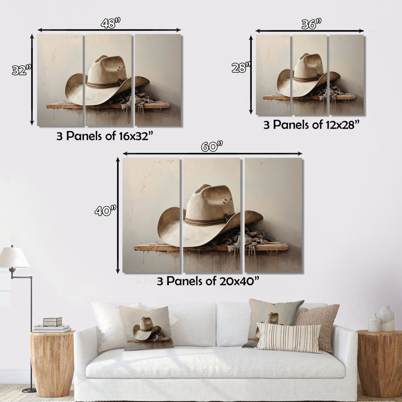 «Cowboy Hat Minimalisme Style I», reproduction sur toile 3 pièces, H 40 po x l 60 po x P 1 po, Toile tendue