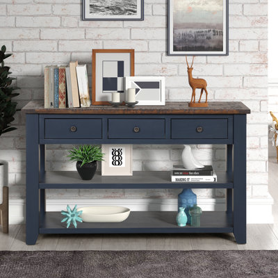 48" Console Table, 3 Drawers, 2 Shelves, Pine Wood for Entryway - Navy Blue/Brown
