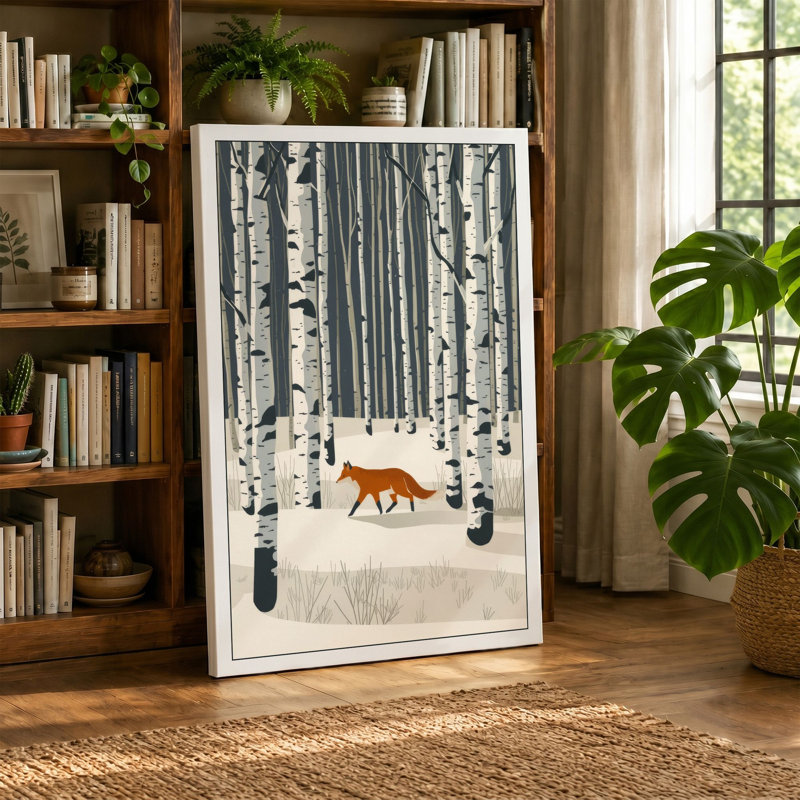 Fox Through Winter Forest Scandinavian - Wrapped Canvas, 18x12 - 45.7 x 30.5 cm, Teal Border