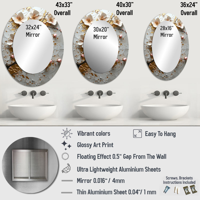 Grand miroir mural ovale en métal blanc et fleurs de cerisier I, 36 po x 24 po