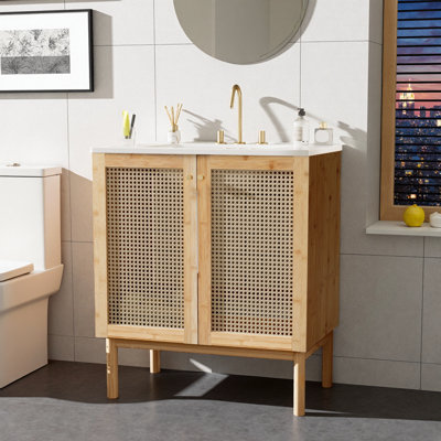 Meuble-lavabo noir de 30 po avec portes en rotin faites à la main, charnières à fermeture en douceur et lavabo en céramique