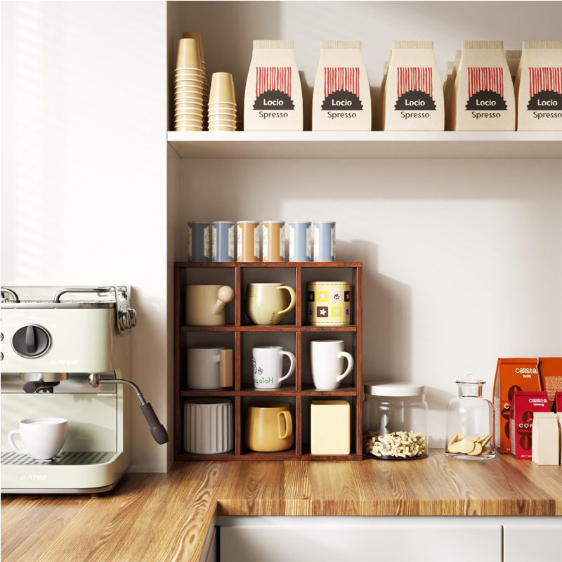 9-Grid Vintage Mug Display Shelf, Wall-Mounted Wooden Shadow Box, Bronze