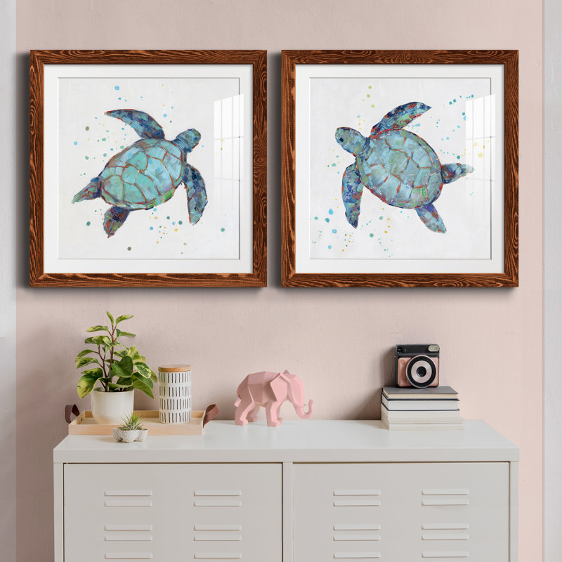 Bulle bleue tortue I - ensemble de 2 reproductions d'art, Papier, cadre noyer, H 35,5 po x l 71 po x P 1,5 po