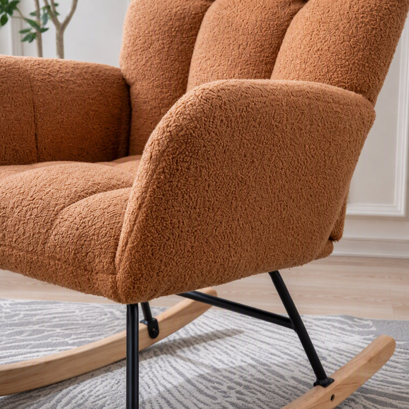 Chaise berçante à bascule à oreilles en tissu peluche confortable avec poche latérale, base en bois massif, fauteuil d'allaitement multifonctionnel pour chambre d'enfant et salon, brun