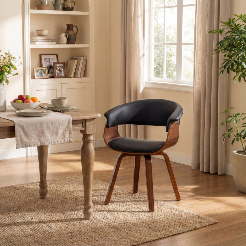 Upholstered Dining Chairs with Wooden Legs, Black Leather