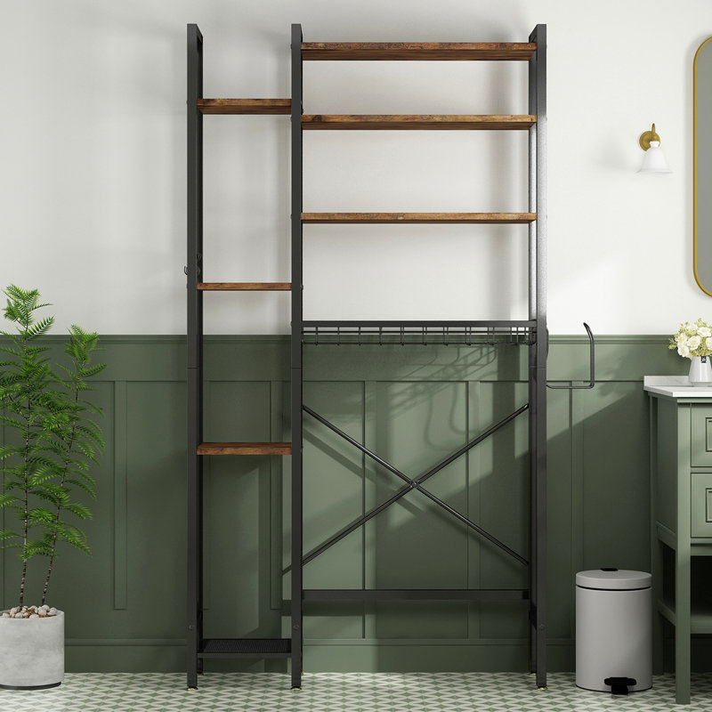 Vintage Brown 8 Over Toilet Storage Rack With Adjustable Shelf And Paper Holder, Freestanding Organizer For Bathroom Balcony - Six Non Slip Feet Stability In Walnut Color, Side Rack, Drain Basket,