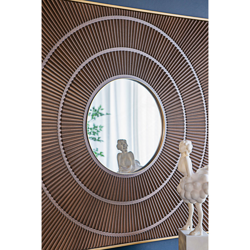 Square Carved Mirror With Pleated Design, Neutral Colorway Wall Decor, Gold/Brown