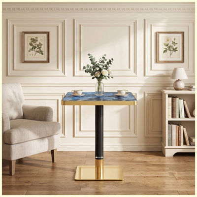 Ensemble de 2 tables de salle à manger carrées modernes, 61 cm (24 po) sans joint apparent, style café, avec pied central noir et or, finition bleu agate brillant de 3,6 cm (1,4 po) d'épaisseur, résistantes à la chaleur, idéales pour les restaurants et la maison.