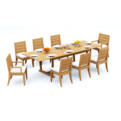 Ensemble de salle à manger 7 pièces en bois de teck de qualité A: table de chevet rectangulaire à double tréteaux 94 po et 6 chaises Atnas (2 et 4 sans accoudoirs) # 11AT2102