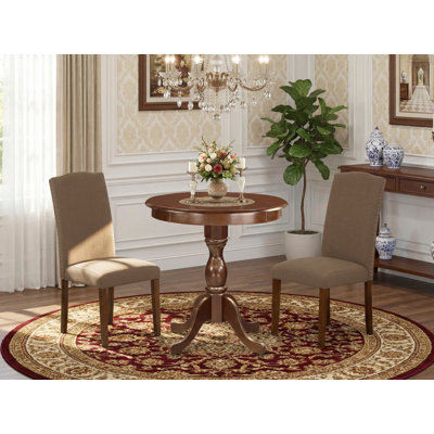 3 Piece Dinette Set for Small Spaces Contains a Round Dining Table with Pedestal and 2 Dark Coffee Linen Fabric Upholstered Chairs, Mahogany