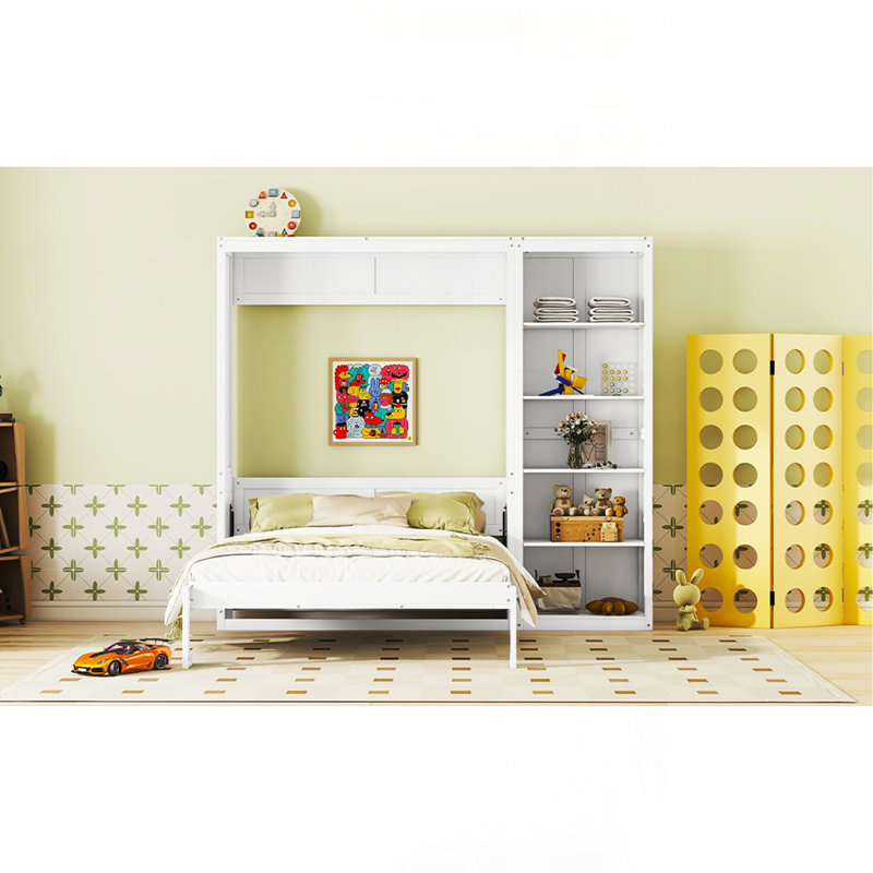 Grand lit escamotable mural avec tablettes, blanc, Grand lit