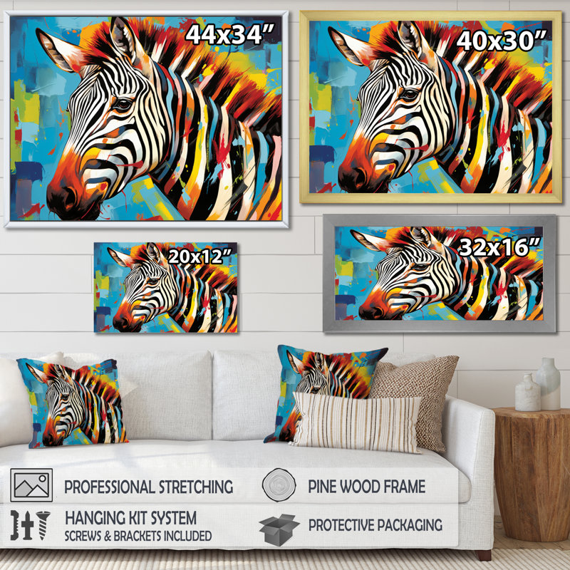 "Blue Orange Popart Zebra III", reproduction d'art sur toile, Noir, H 24 po x l 32 po x P 1 po