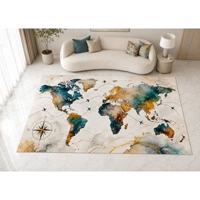 Tapis « ultra mince » 152 x 213 cm (5 pi x 7 pi) à motif carte du monde aquarelle et boussole, idéal pour la chambre, le salon et le bureau à domicile. Tapis doux à poils courts avec envers antidérapant en silicone.