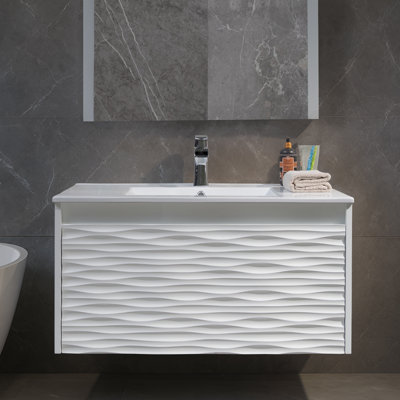 36'' Wall-Mounted Floating Bathroom Vanity in White – All-Wood Construction with Integrated Ceramic Sink