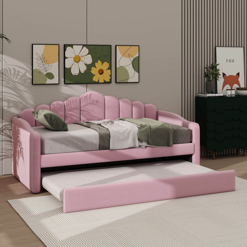Twin-Size Upholstered Daybed With Pull-Out Bed, Plush Velvet Sofabed With USB Charging Stations